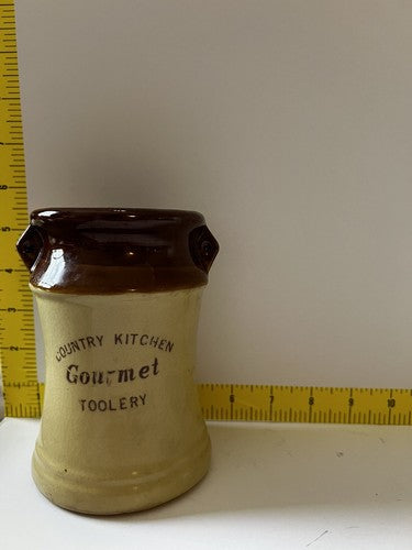 Kitchen Utensil Vintage 70’s Retro Brown Ivory Drip Pottery Jar Holder Toolery