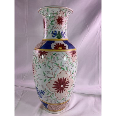 Vintage Porcelain Floral Tulip Print Vase Asian Chinese 12" Tall