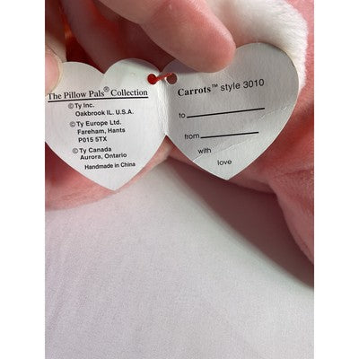 TY Pillow Pal Carrots Bunny Rabbit Beanie Baby With Ribbon Large Pink 1996 14"