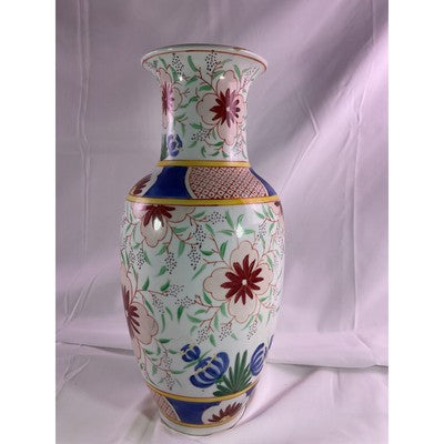Vintage Porcelain Floral Tulip Print Vase Asian Chinese 12" Tall