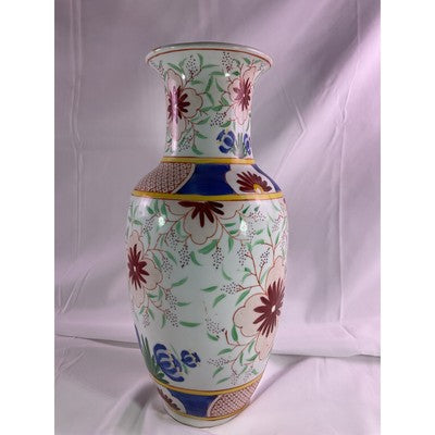 Vintage Porcelain Floral Tulip Print Vase Asian Chinese 12" Tall
