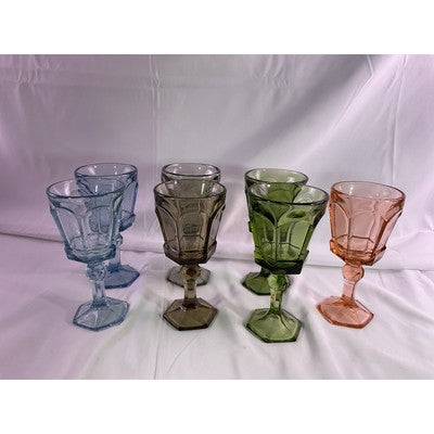 Set of 7 Vintage Fostoria Virginia Pattern Pedestal Glasses In Variety of Colors