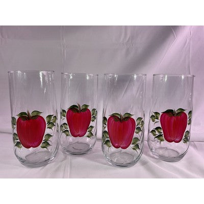 Set of 4 Rare Vintage Hand Painted Apple Clear Glass Drinking Glasses 7" Tall