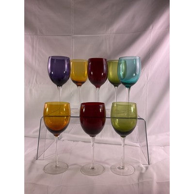 Set of 8 Jewel Toned Colored Glass Pedetal Wine Drinking Glasses 8" Tall