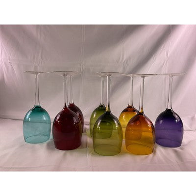 Set of 8 Jewel Toned Colored Glass Pedetal Wine Drinking Glasses 8" Tall