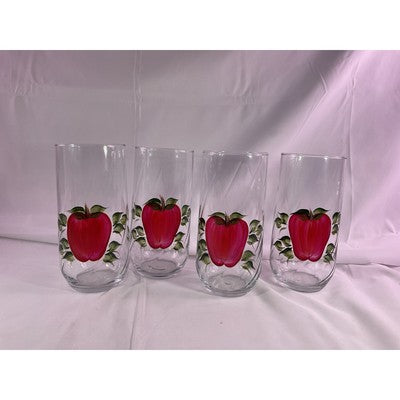 Set of 4 Rare Vintage Hand Painted Apple Clear Glass Drinking Glasses 7" Tall