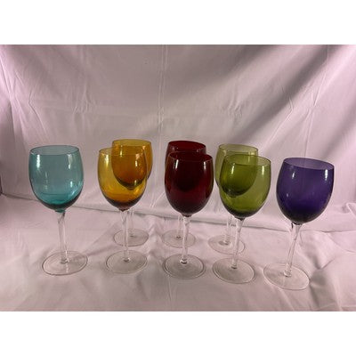 Set of 8 Jewel Toned Colored Glass Pedetal Wine Drinking Glasses 8" Tall