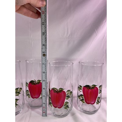Set of 4 Rare Vintage Hand Painted Apple Clear Glass Drinking Glasses 7" Tall