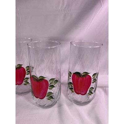 Set of 4 Rare Vintage Hand Painted Apple Clear Glass Drinking Glasses 7" Tall