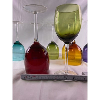 Set of 8 Jewel Toned Colored Glass Pedetal Wine Drinking Glasses 8" Tall
