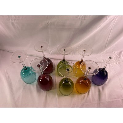 Set of 8 Jewel Toned Colored Glass Pedetal Wine Drinking Glasses 8" Tall