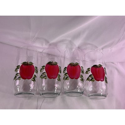 Set of 4 Rare Vintage Hand Painted Apple Clear Glass Drinking Glasses 7" Tall