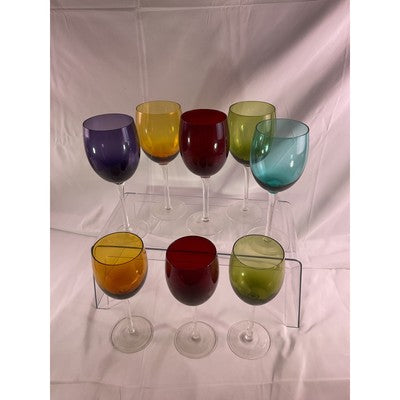 Set of 8 Jewel Toned Colored Glass Pedetal Wine Drinking Glasses 8" Tall