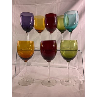 Set of 8 Jewel Toned Colored Glass Pedetal Wine Drinking Glasses 8" Tall