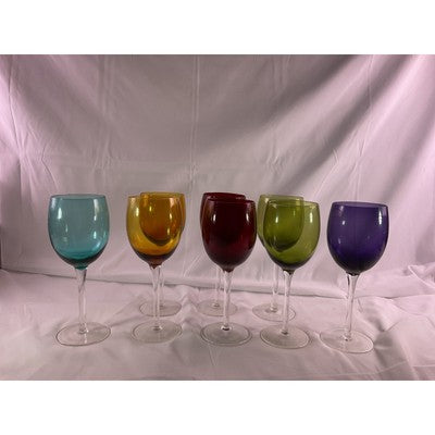 Set of 8 Jewel Toned Colored Glass Pedetal Wine Drinking Glasses 8" Tall