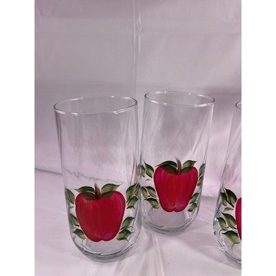 Set of 4 Rare Vintage Hand Painted Apple Clear Glass Drinking Glasses 7" Tall